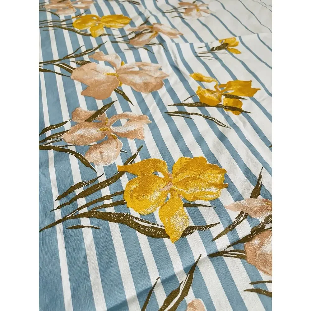 Vinyl Flannel Back Tablecloth Round IRIS FLOWER Yellow Pink Blue Stripes Vintage